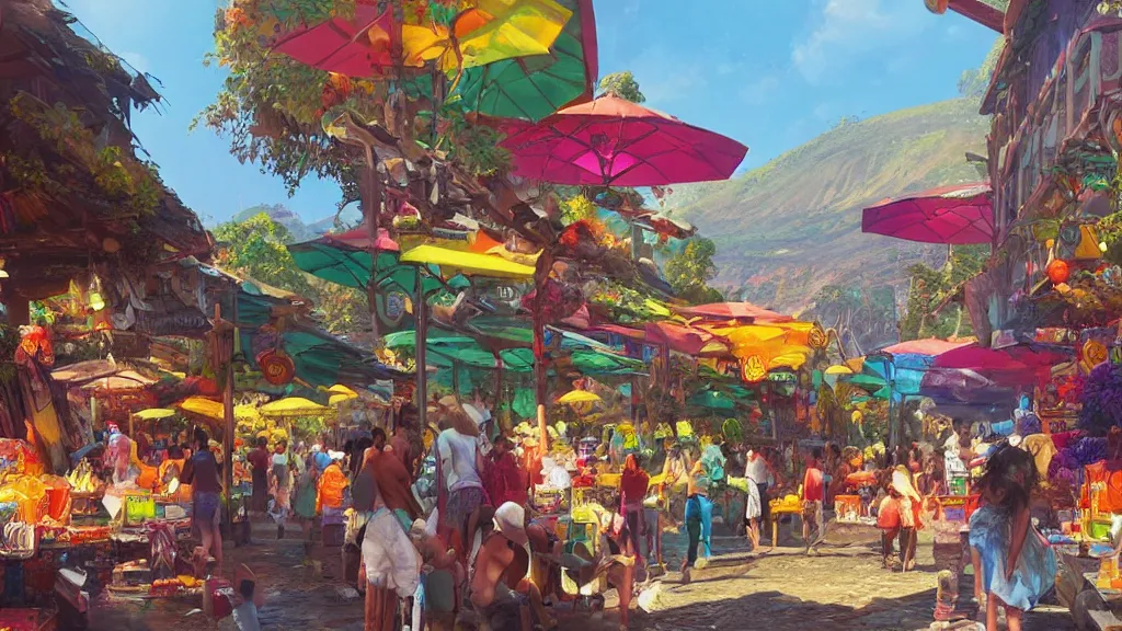 Prompt: colorful marketplace in Reunion Island, anime, digital painting by Greg Rutkowski, by James Gurney,trending on artstation,highly detailed