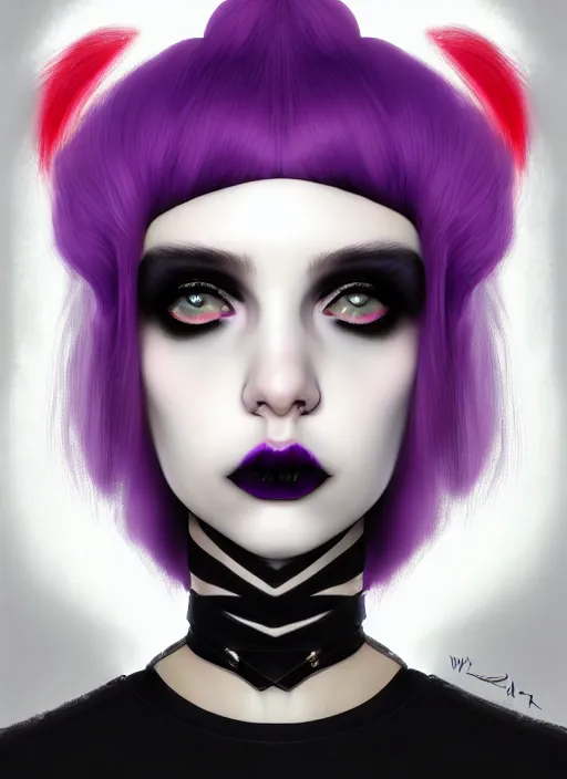 Image similar to portrait of white teenage girl, normal face, white bangs, mall goth, cyberlox, black and white hair, bangs, fluffy bangs, red contact lenses, purple lipstick, intricate, elegant, highly detailed, digital painting, artstation, concept art, sharp focus, smooth, illustration, art by wlop, mars ravelo and greg rutkowski