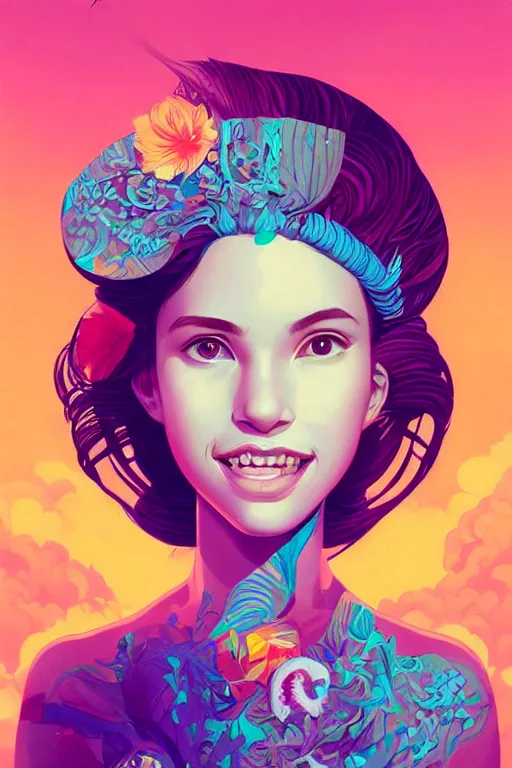 Image similar to a smiling cute girl beautiful skin and wavy hair, tristan eaton, victo ngai, artgerm, rhads, ross draws