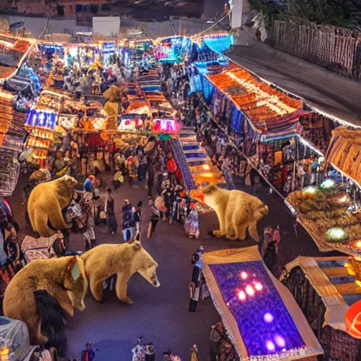 Image similar to a detailed night market full of bears in Marrakech, Gigapixel photo, detailed, glowing string lights, realistic