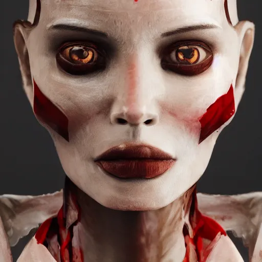 Image similar to photographic stil of beautiful model, a human robot woman, artificial flesh, bones, blood, westworld style, medium - shot, insanely detailed, photorealistic, beautiful soft light, octane render, by annie leibowtiz