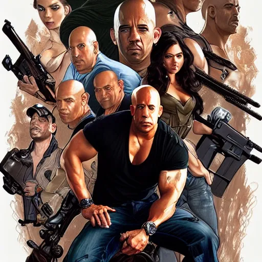 Prompt: A group photo of the Fast and Furious cast but it's all Vin Diesel, western, D&D, fantasy, intricate, elegant, highly detailed, digital painting, artstation, concept art, matte, sharp focus, illustration, art by Artgerm and Greg Rutkowski and Alphonse Mucha