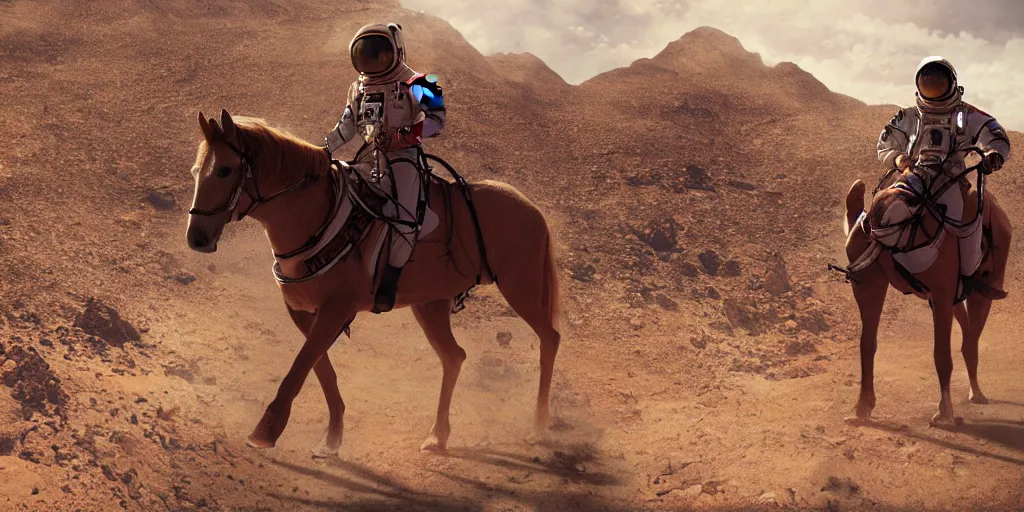 Image similar to american astronaut, riding a horse in socotra island, plants environment, wide angle, cinematic lighting, atmospheric, realistic, octane render, highly detailed, color graded, in the style of craig mullins