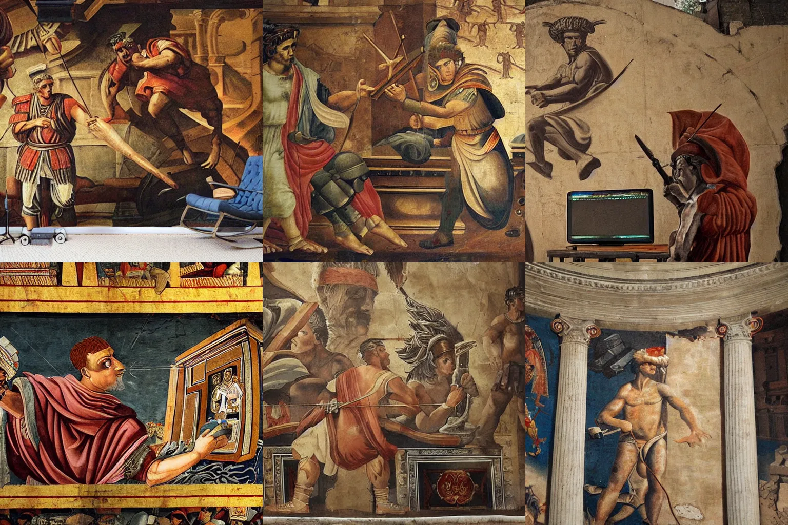 Prompt: Caesar furiously playing a video game. Roman mural art