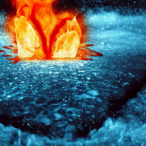 Prompt: a realistic picture of a frozen heart sinking into an ocean of flames