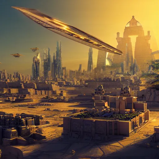 Image similar to a scene of a beautiful intricate epic futuristic pharaoh city with a cyber sphynx and hovering chariots taken from a distance, minimalist, cinematic lighting