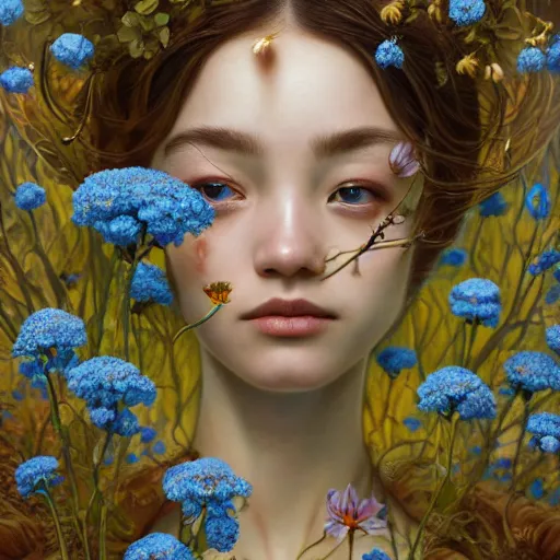 Image similar to breathtaking detailed concept art painting of the goddess of nemophila flowers, orthodox saint, with anxious, piercing eyes, ornate background, amalgamation of leaves and flowers, by Hsiao-Ron Cheng, James jean, Miho Hirano, Hayao Miyazaki, extremely moody lighting, 8K