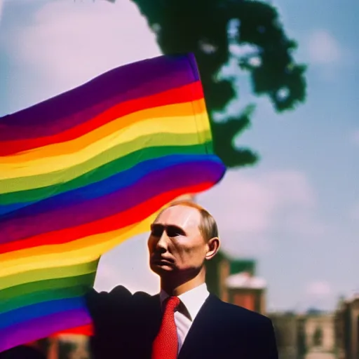 Prompt: photo of putin waving a gay pride flag, cinestill, 800t, 35mm, full-HD