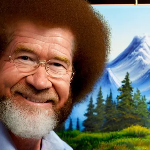 Image similar to a closeup photorealistic photograph of bob ross putting the finishing touches on a canvas painting that includes ashley schaeffer. mountains and trees. film still. brightly lit scene. this 4 k hd image is trending on artstation, featured on behance, well - rendered, extra crisp, features intricate detail, epic composition and the style of unreal engine.