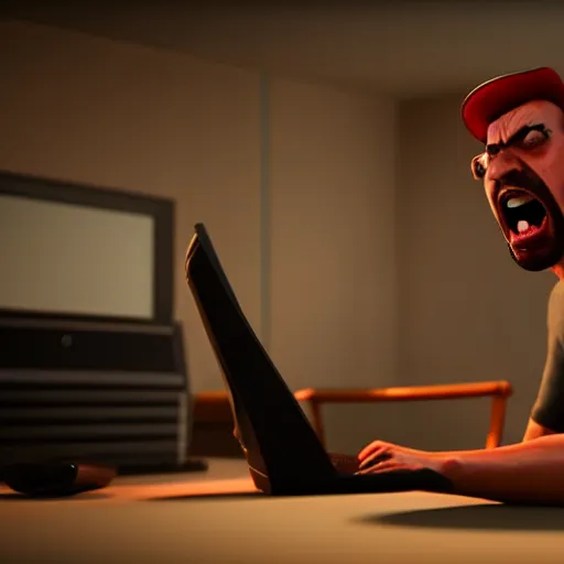 Prompt: an angry man yells at his computer monitor, unreal 4, render