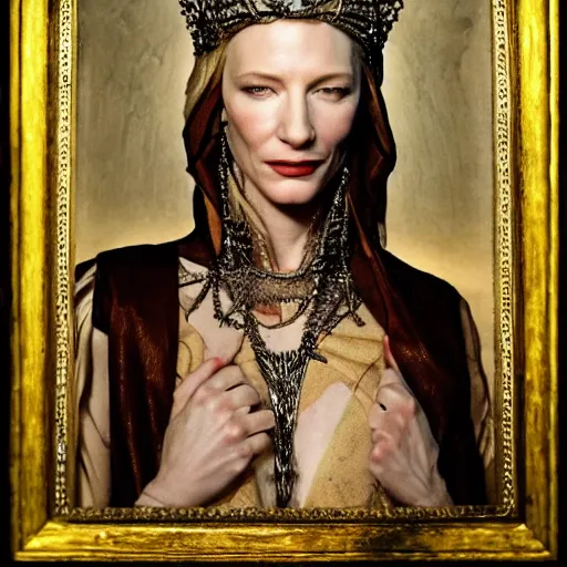 Image similar to Portrait cate blanchett ancient biblical, sultry, sneering, evil, pagan, wicked, queen jezebel, wearing gilded ribes, highly detailed, painting