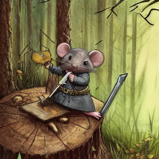 Image similar to Mouse Guard sits on a stump holding a sword, in deep forest, by rivuletpaper, rivuletpaper art, Mouse Guard by David Petersen, mouse photo, small details, realistic illustration, illustrations by Viktor Vasnetsov