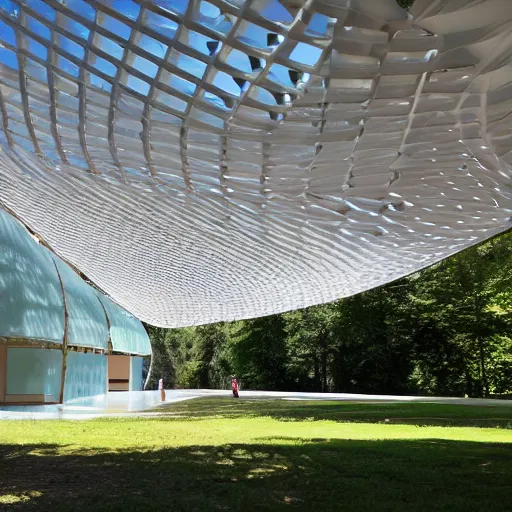 Prompt: open shot during the day of a very modern slightly massive abstract structure. the detailed structure resembles a tent. the structure is ment for people and has trees on it's porches.