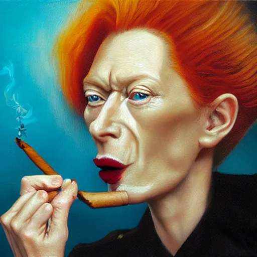 Image similar to caricature of tilda swinton smoking a cigar, realistic oil painting by sebastian krüger, expressive, colorful, plastic