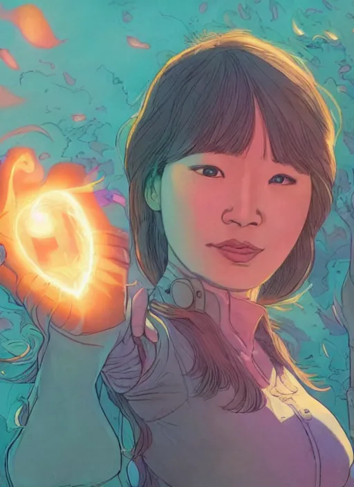 Image similar to portrait of jeon so min, falling in love, glowing with heart aura. sharp focus, cinematic pose, cinematic lighting, unreal engine render. art by josan gonzales and moebius and deathburger.