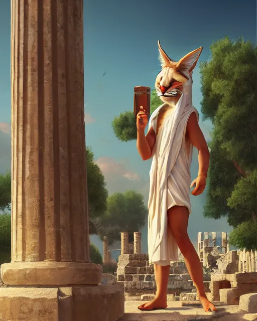 Image similar to fullbody photo of humanoid cute sad fluffy caracal dressed in toga, sun behind him, ancient greek city, sunny day, by ilya kuvshinov, rtx rendering, octane render 1 2 8 k, maya, extreme high intricate details by tom bagshaw, medium shot, composition by sana takeda, lighting by greg rutkowski