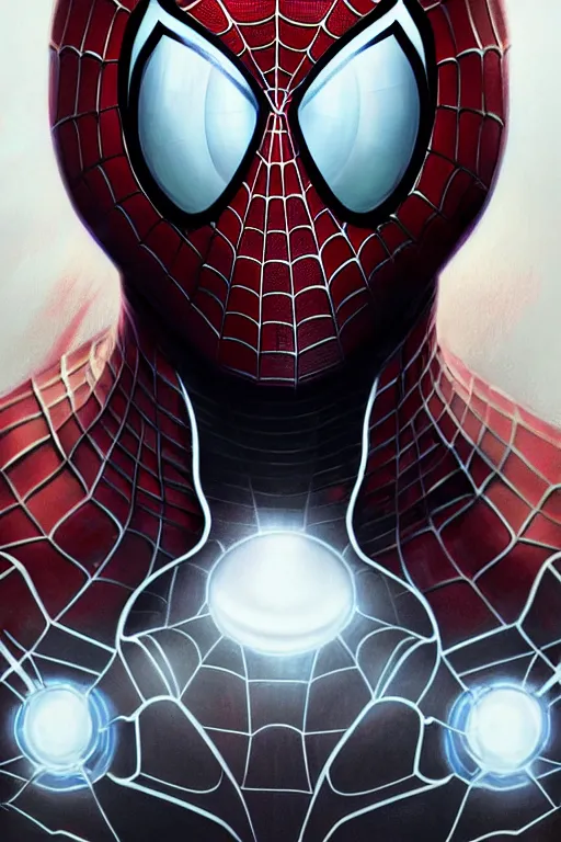 Image similar to elon musk in spider man suit, marvel character, realistic portrait, symmetrical, highly detailed, digital painting, artstation, concept art, smooth, sharp focus, illustration, cinematic lighting, art by artgerm and greg rutkowski and alphonse mucha