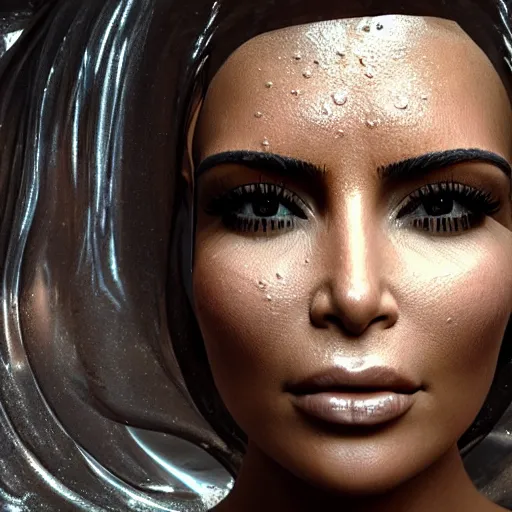 Image similar to epic still of kim kardashian trapped in a transparent alien liquid, wet flowing hair, gooey skin, illustration, unreal engine 5, 8 k, made by h. r. giger