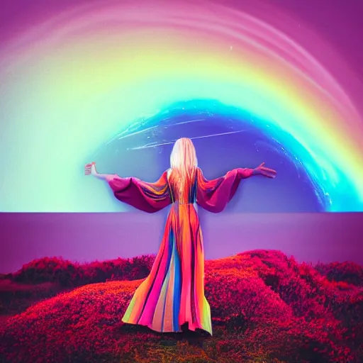 Image similar to A picture of a planet of various colors and plants, in which a human figure dressed in something magical and impressive, inside a picture of infinity, sunset light, Atmospheric Phenomenon art photography