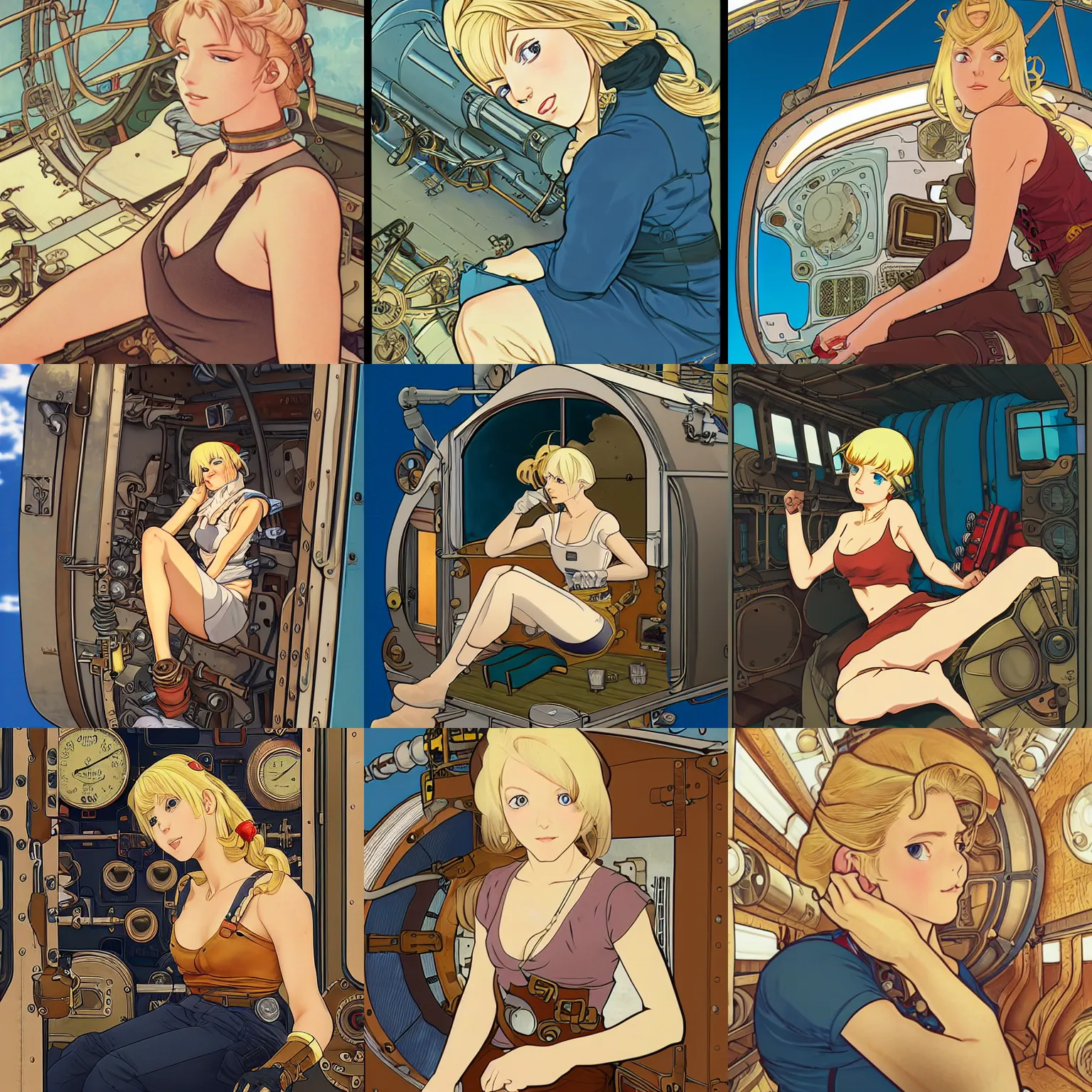 Prompt: Character portrait of a tank top-clad blonde female airship mechanic resting in her cramped bunk, steampunk, beautiful face, striking eyes, highly detailed, digital art, cel shading, anime still, by Hayao Miyazaki, Alphonse Mucha, Ilya Kuvshinov