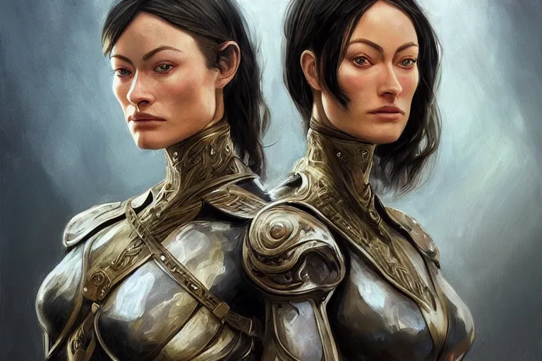 Image similar to a finely detailed portrait of Olivia Wilde, clothed in battle armor, olive skin, long dark hair, beautiful bone structure, symmetrical facial features, intricate, elegant, digital painting, trending on Artstation, concept art, smooth, sharp focus, illustration, from Metal Gear by Ruan Jia and Mandy Jurgens and Artgerm and and william-adolphe bouguerea, award winning