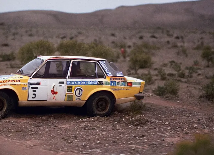 Prompt: a volvo 2 4 4 stuck in the desert during paris dacar rally