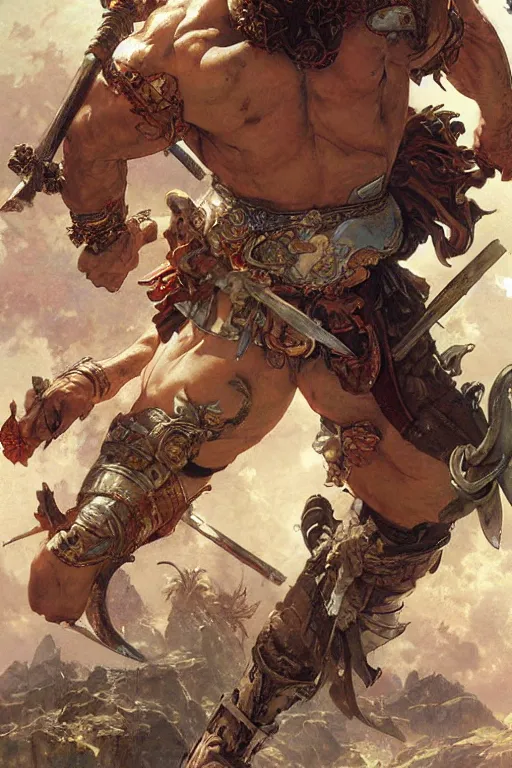 Image similar to muscular male barbarian stabbing the sky, intricate details, large sword, by Stanley Artgerm Lau, by greg rutkowski, by thomas kindkade, by alphonse mucha, loish, by norman rockwell J.