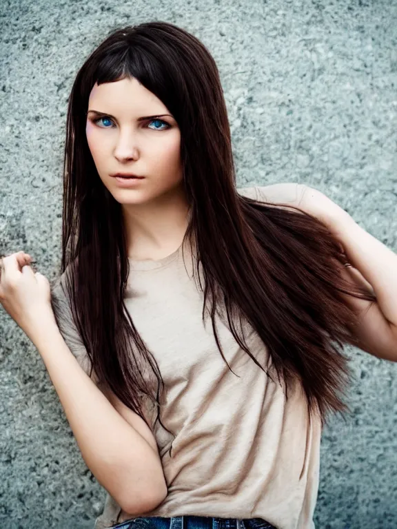 Prompt: hyperdetailed photo of a beautiful ukrainian girl with brown eyes and dark bob hairstyle, winds of winter, with plain jeans and t - shirt