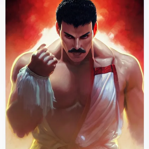 Image similar to ultra realistic freddy mercury as ryu from street fighter, portrait, 4 k, ultra realistic, detailed focused art by artgerm and greg rutkowski and alphonse mucha