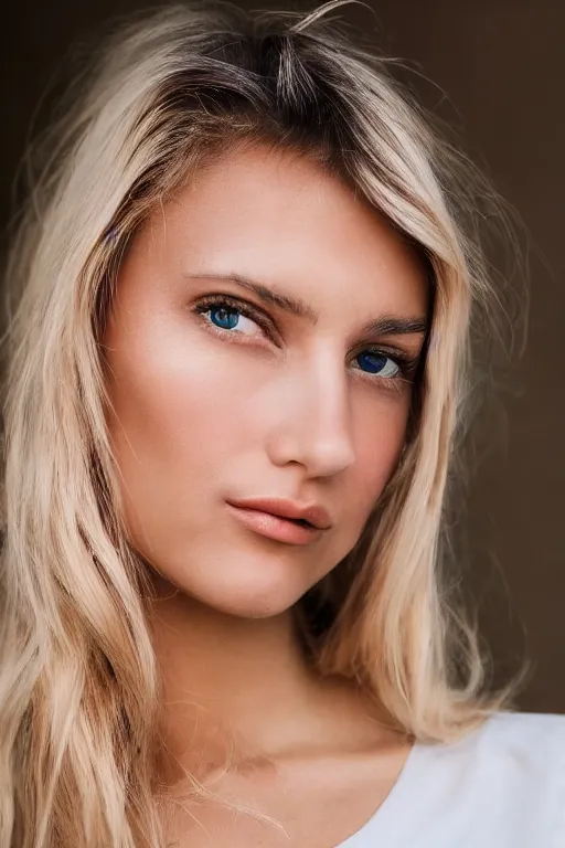 Prompt: head shot photo of a olive skinned blonde female model in her twenties, silky hair, wearing a designer top, looking content, photo realistic, extreme detail skin, natural beauty, no filter, slr, golden hour, 4 k, high definition, selfie