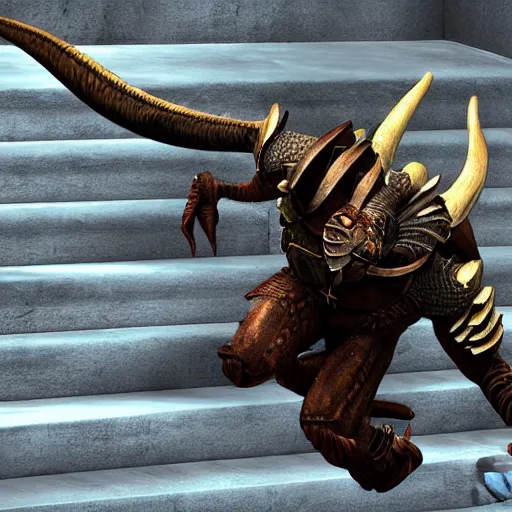 Prompt: digital painting of a dragonborn falling down the stairs, ultra realistic