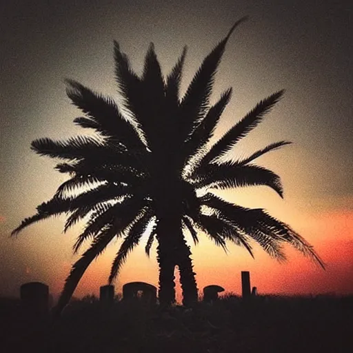 Image similar to “a single burning palm tree at night in a desolate graveyard 🪦 with fiery burning bright embers falling from the night sky. Photograph. Cursed image.”