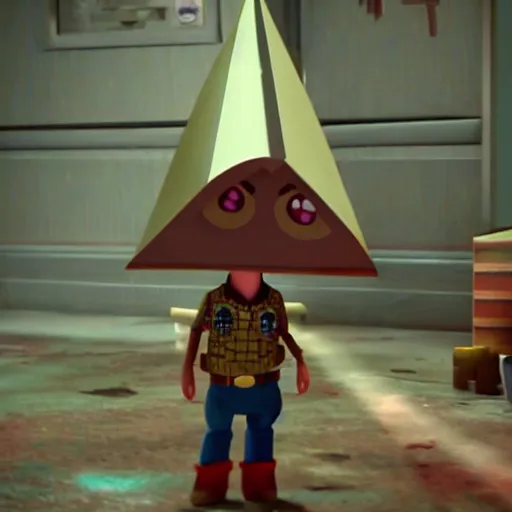 Image similar to silent hill's pyramid head in toy story, pixar style, cute colorful adorable, cgi render