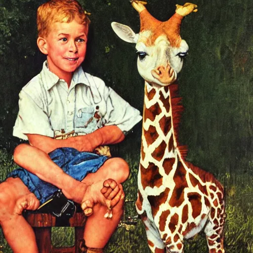 Image similar to a Norman Rockwell painting of a boy and his pet giraffe