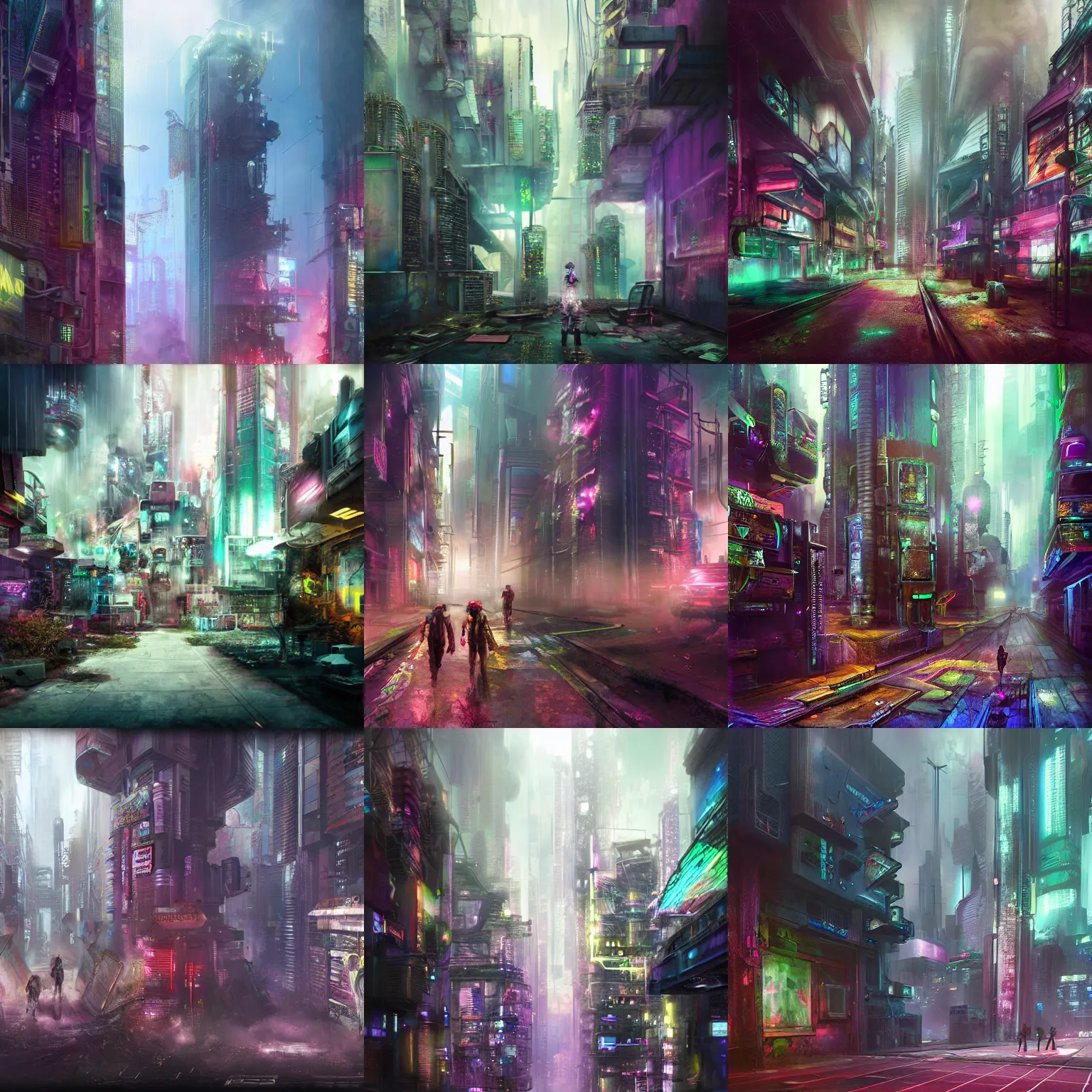 Prompt: a cyberpunk backstreets of a futuristic city by kim keever