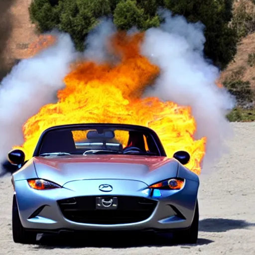 Image similar to a mazda mx-5 jumping through a hoop on fire, a crowd of people are sitting on benches in the background, there's a shark in a tank visible