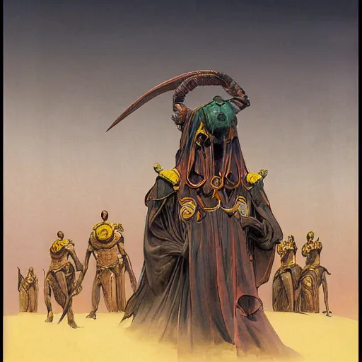 Image similar to portrait of masked Dune Dynasty on the art deco streets of the Undying Empire city of ya-Sattra during the Festival of Masks, award-winning realistic sci-fi concept art by Beksinski, Bruegel, Greg Rutkowski, Alphonse Mucha, and Yoshitaka Amano