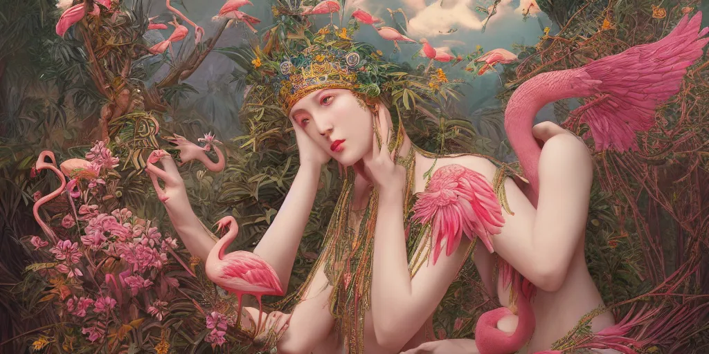 Image similar to breathtaking detailed concept art painting of the goddess of flamingo, orthodox saint, with anxious, piercing eyes, ornate background, amalgamation of leaves and flowers, by Hsiao-Ron Cheng and John James Audubon, extremely moody lighting, 8K