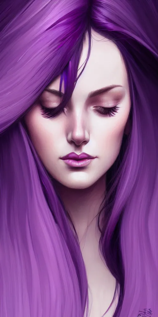 Image similar to Purple hair, creative colouring Portrait of woman face profile, fashion, coloured strands of hair, intricate, elegant, highly detailed, digital painting, artstation, concept art, smooth, sharp focus, illustration, art by artgerm and greg rutkowski and alphonse mucha, 8k