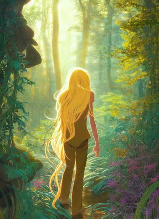 Image similar to book cover design, slender young man with long golden blond hair, shiny and sparkling, from behind, back shot, lost in a magical forest, natural lighting, path traced, highly detailed, high quality, cartoon, digital painting, by don bluth and ross tran and studio ghibli and alphonse mucha