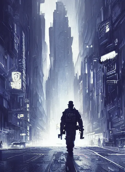 Image similar to Officer Deckard , Dynamic lighting, cinematic, establishing shot, extremely high detail, photo realistic, cinematic lighting, pen and ink, intricate line drawings, post processed, concept art, artstation, matte painting, style by Raphael Lacoste, Eddie Mendoza, Q Hayashida