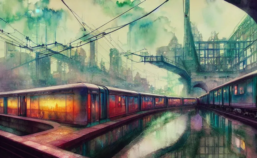 Image similar to an urban train rides inside of a waterway on a fantasy city. intricate, amazing composition, colorful watercolor, by ruan jia, by maxfield parrish, by marc simonetti, by hikari shimoda, by robert hubert, by zhang kechun, illustration, gloomy