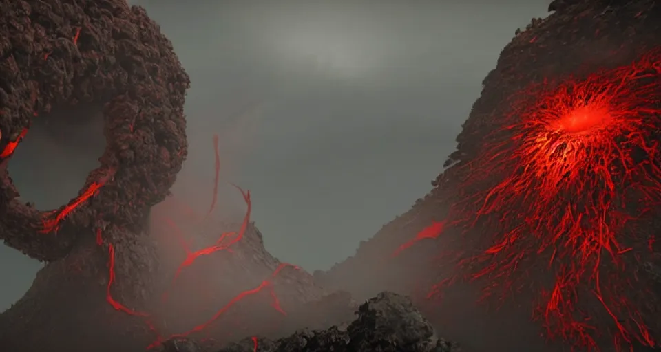 Image similar to a volcano made of ivory vines and crimson rocks enters in eruption, it spits a smoke in the shape of demonic eye, with CRYENGINE