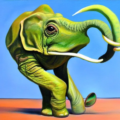 Image similar to A creature that is half elephant, half frog, oil painting