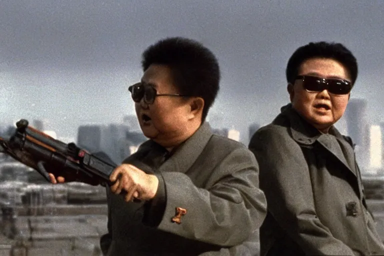 Image similar to a filmstill of Kim Jong-il looking at a giant starfish Kaiju monster destroying Pyongyang, in Stalker (1979) by Andreï Tarkovski, traditional Korean city, palace, epic ultrawide shot, cinémascope