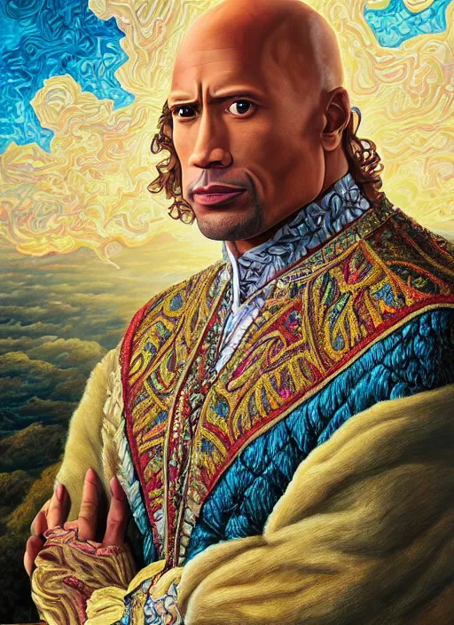 Image similar to beautiful oil painting, full length portrait of Dwayne the rock Johnson as Louis xiv in coronation robes 1701, Dan Mumford, Dan Mumford, Alex grey, Alex grey, highly detailed , lsd visuals, dmt fractal patterns, hallucinogen, visionary art, psychedelic art, ornate, vaporwave