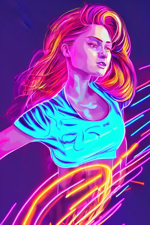 Image similar to a award winning half body portrait of a beautiful woman with stunning eyes in a croptop and cargo pants with hair like rainbow colored smoke, outlined by whirling illuminated neon lines, outrun, vaporware, shaded flat illustration, digital art, trending on artstation, highly detailed, fine detail, intricate