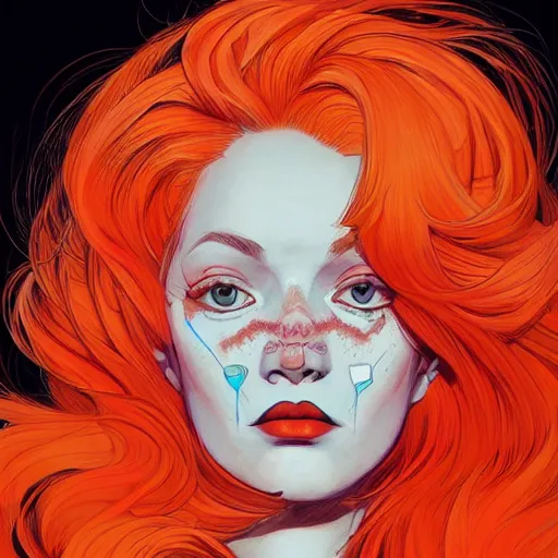 Image similar to portrait painting of a trendy woman with swept back wild orange hair, fashionable, windy, face paint, sharp focus, award - winning, trending on artstation, masterpiece, highly detailed, intricate. art by josan gonzales and moebius and deathburger