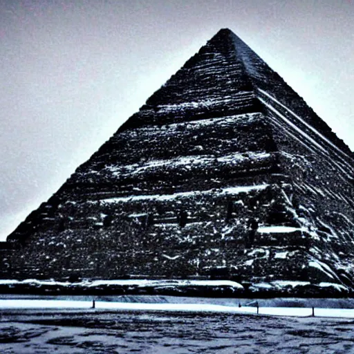 Prompt: a massive pyramid in the artic. snowing, overcast sky, grainy.