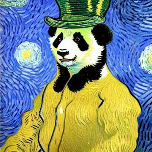 Prompt: a van gogh painting of a baby panda wearing a top hat, 4 k, hyper realistic, dslr, landscape, high resolution